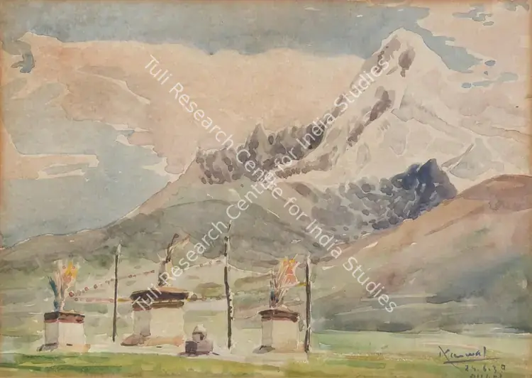 Krishna, Kanwal (Artist). Mount Jomolhari from Pagri (Phari), Tibet. Watercolour, 1939 | Painting | EconomicsArt | 00870440