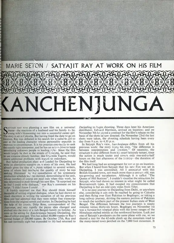 Seton, Marie (Essayist). Satyajit Ray at Work on His Film - Kanchenjunga. 31(2), pp. 73-75. London: Sight & Sound, Spring 1962 | Essay | CinemaEducation | 00731606