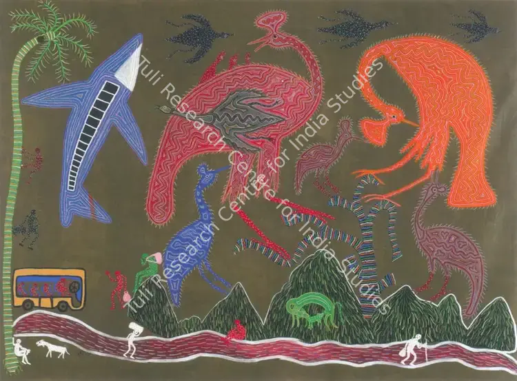Bai, Bhuri (Artist). Story of a Jungle. Acrylic on canvas, n.d. | Painting | FineArts | 00562384
