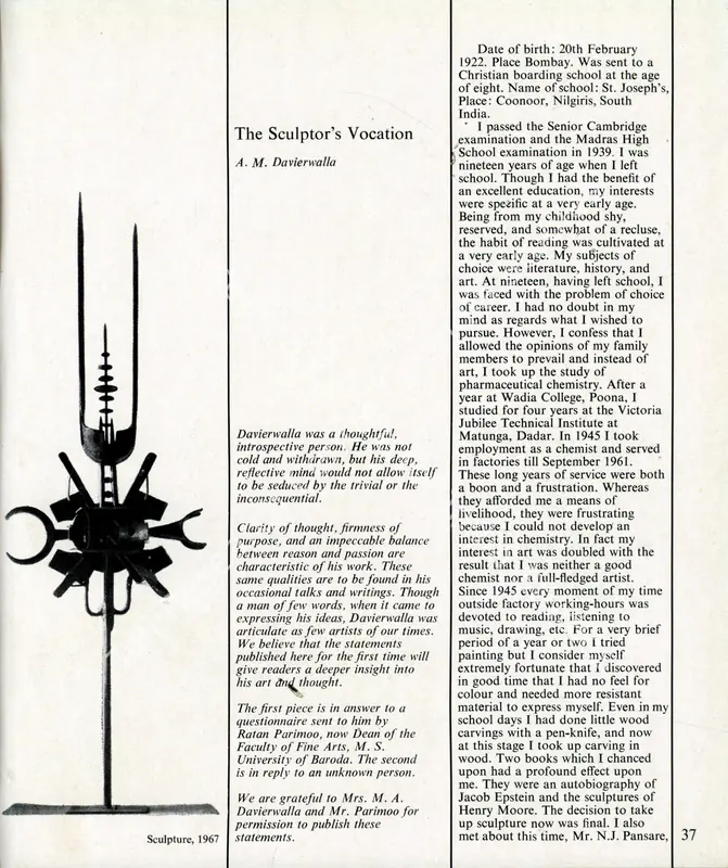 Davierwalla, Adi M. (Essayist) and Ratan Parimoo. The Sculptor's Vocation. In <i>Art Heritage.</i> Season 2, pp. 37-43. New Delhi: Art Heritage, 1979 | Essay | FineArts | 00851657