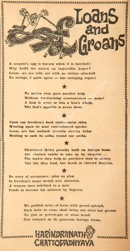 Chattopadhyay, Harindranath (Poet). Loans and Groans. In <i>Blitz - India's Greatest Weekly.</i> p. 12. Bombay: R.K. Karanjia, 06 November 1965 | Poem | CinemaEducation | 00146011
