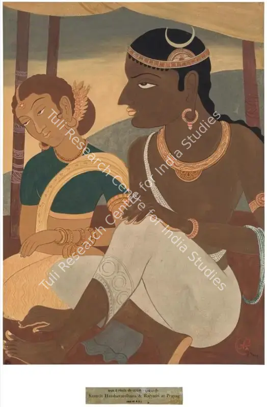 Haldar, A.K. (Artist). Kavi- Samrat Emperor Harshavardhana and His Sister Rajyasri in Prayag. Gouache on paper, 1952 | Painting | FineArts | 00418555