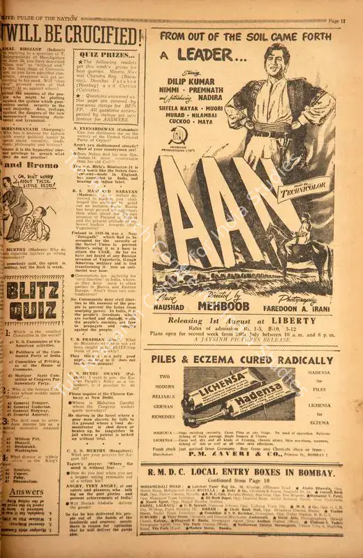 Aan . In <i>Blitz - Asia's Foremost News Magazine.</i> p. 11. Bombay: R.K. Karanjia, 26 July 1952 | Film Review | CinemaEducation | 00144153