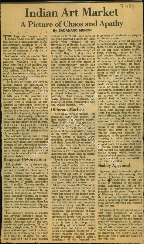Menon, Sadanand (Reporter). Indian Art Market - A Picture of Chaos and Apathy. n.d. | Newspaper Clipping | EconomicsArt | 00846822
