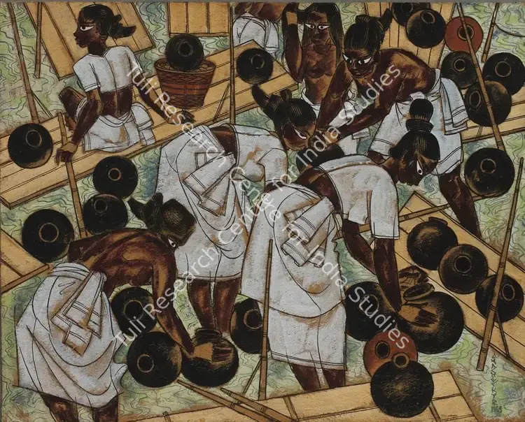 Almelkar, A.A. (Artist). Sorting the Fish. Gouache and ink on cardboard, 1955 | Painting | FineArts | 00334028