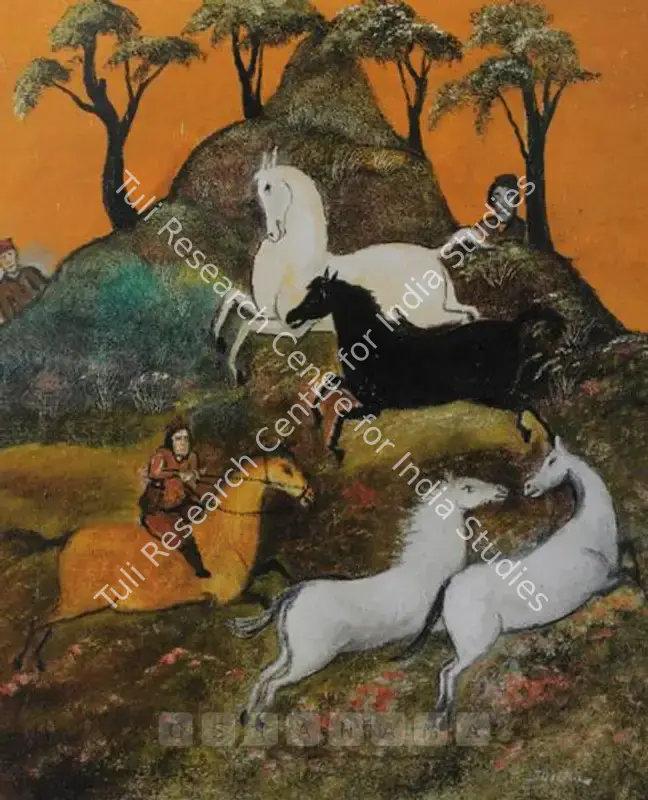 Sohail, Tasadduq (Artist). A Rider Rounding Up Horses. Oil on canvas, n.d. | Painting | FineArts | 00563156