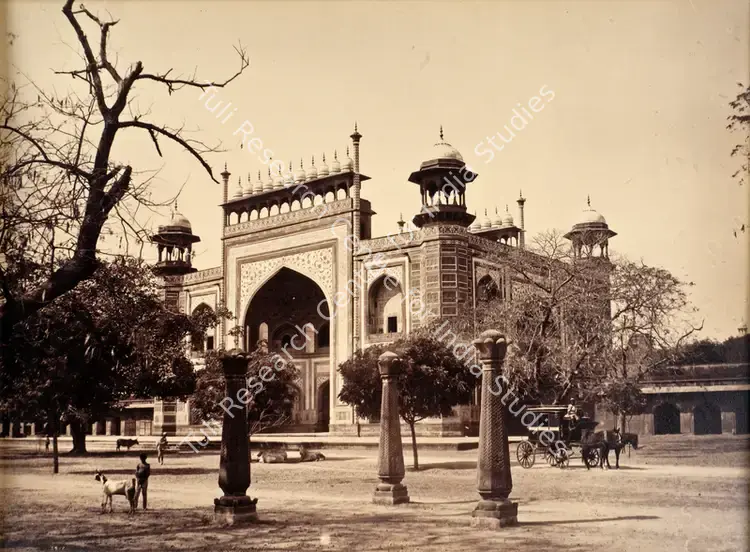 Dayal, Lala Deen (Photographer), Three old lantern posts (without the lanterns on top) in the north-eastern quadrangle to the south of the main gate to the Taj Mahal, Agra, c.1880 | Antiquarian Photograph | Photography | 00115954