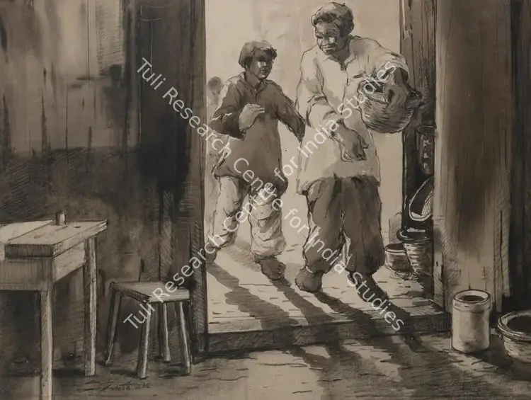 Maity, Paresh (Artist). Untitled (Figures in a doorway). Watercolour and pencil on paper, 1986 | Painting | FineArts | 00419219