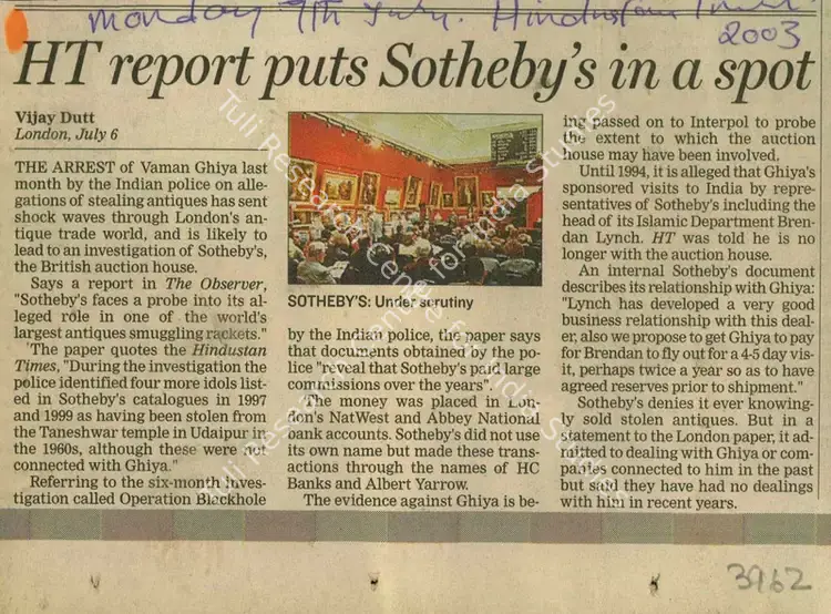 Dutt, Vijay (Reporter). HT Report Puts Sotheby's in a Spot. Hindustan Times, 07 July 2003 | Newspaper Clipping | FineArts | 00849191