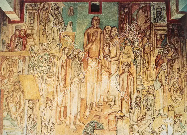 Mukherjee, Benode Behari (Muralist). Hindi Bhawan Mural. Pigment on Wet Plaster, 1947 | Flamed-Mosaic, 1997 | Mural | FineArts | 00566385