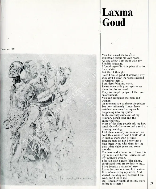 Goud, K. Laxma (Essayist). Laxma Goud. In <i>Art Heritage.</i> Season 2, pp. 59-61. New Delhi: Art Heritage, 1979 | Essay | FineArts | 00851652