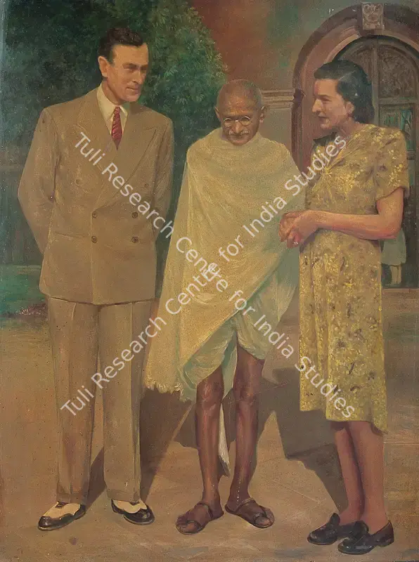 Khosa, Somnath (Artist). Gandhiji With Lord & Lady Mountbatten. Oil on board, c.1959 | Painting | FineArts | 00375382