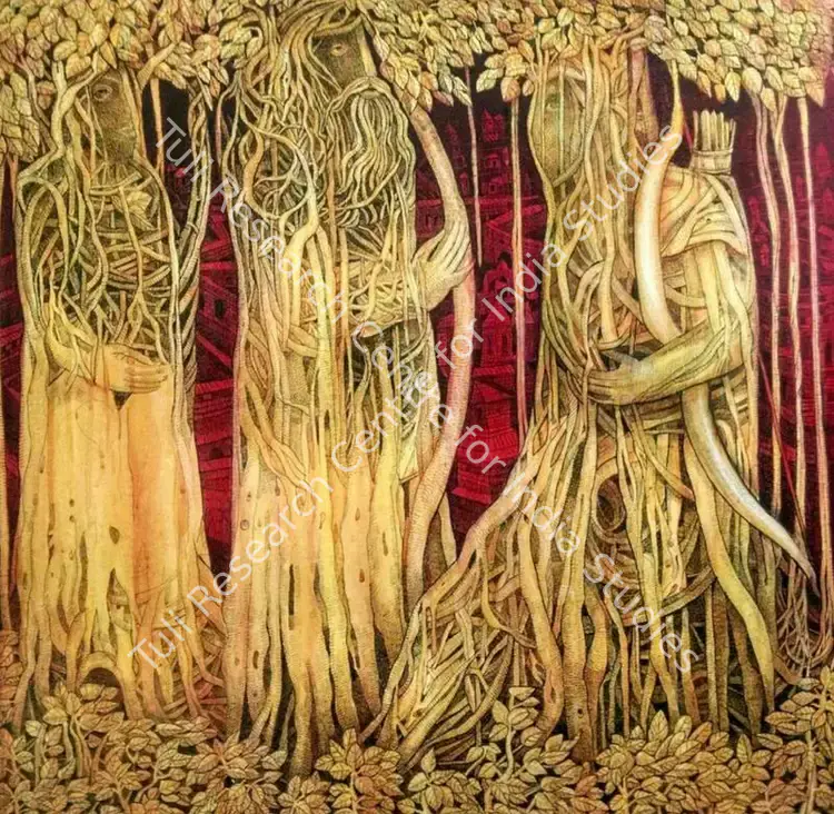 Sansanwal, Ompal (Artist). Bhishma with Arjun. Acrylic, pen and ink on canvas, 2016 | Painting | FineArts | 00546358