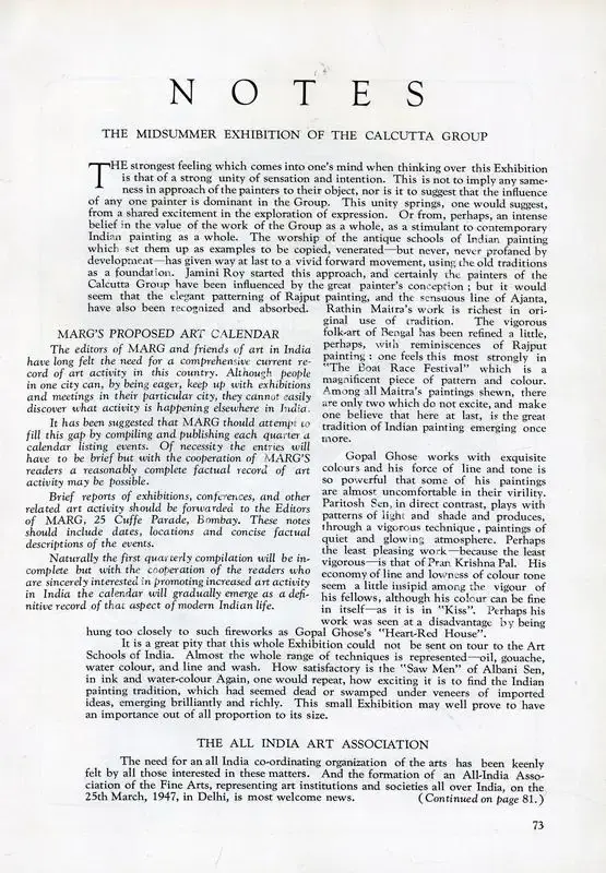 Silva, Anil de (Essayist). Notes - The Midsummer Exhibition of the Calcutta Group. In <i>Marg.</i> 1(4), p. 73. Bombay: Modern Architectural Research Group, July 1947 | Essay | FineArts | 00668753