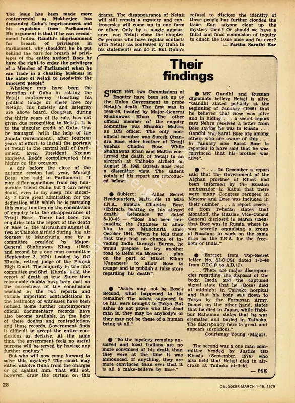 Kar, Partha Sarathi (Essayist). The Netaji Picture Controversy - Is Samar Guha Fooling Everybody?. In <i>Onlooker - National News Magazine.</i> 41(5), pp. 26-28. Bombay: Publicity Society of India, 15  March 1979 | Essay | SeekJustice | 00798760