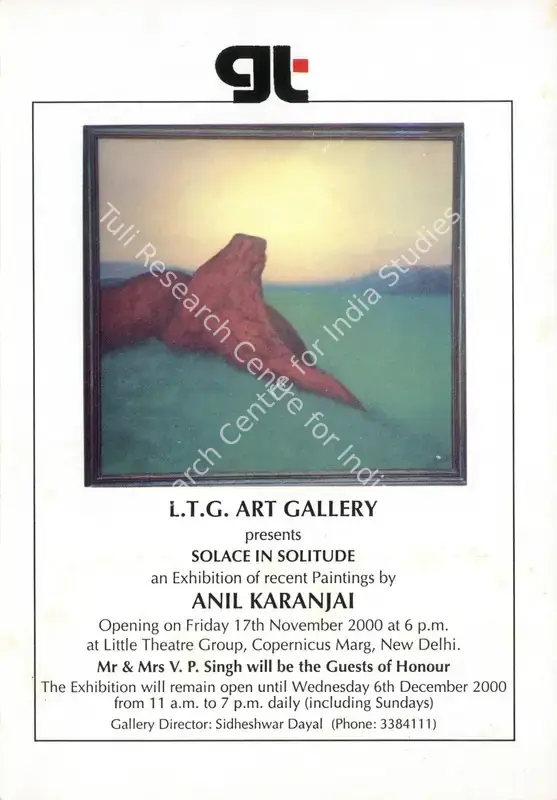 Karanjai, Anil (Artist). Solace in Solitude - An Exhibition of Recent Paintings by Anil Karanjai. New Delhi: L.T.G. Art Gallery, 2000 | Solo Exhibition Invitation | FineArts | 00859854