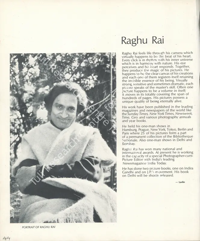 Lavlin (Essayist). Raghu Rai. In <i>Art Heritage - Catalogue 1981-82.</i> Season 5, pp. 44-47. New Delhi: Art Heritage, 1982 | Essay | FineArts | 00851674