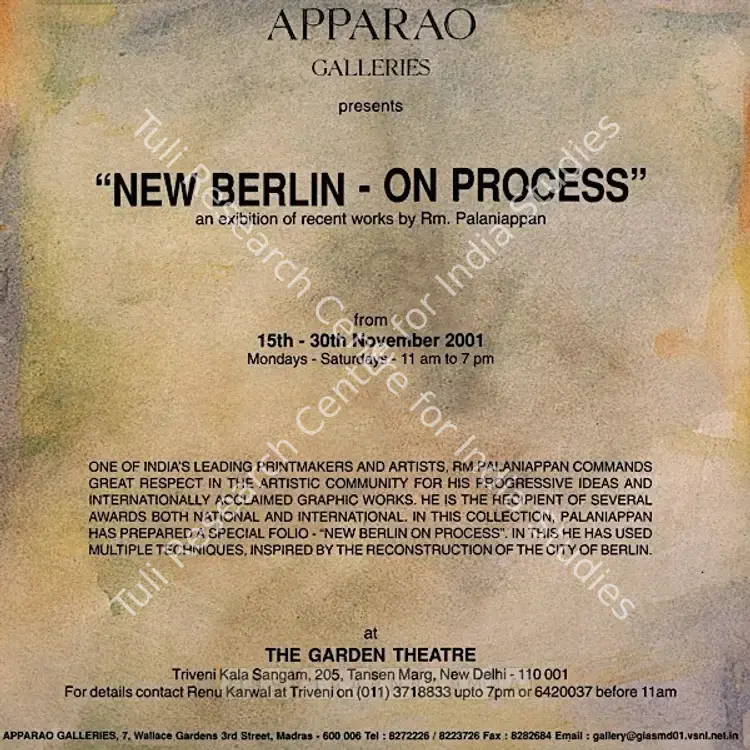 Palaniappan, Rm. (Artist). New Berlin - On Process - Recent Works by Rm. Palaniappan. Bombay: Apparao Galleries, 2001 | Solo Exhibition Invitation | FineArts | 00859430