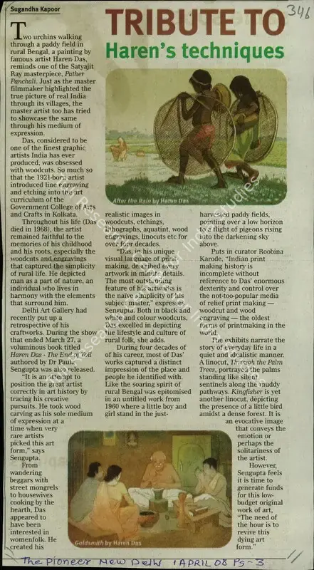 Kapoor, Sugandha (Reporter). Tribute to Haren's Techniques. New Delhi: The Pioneer, 01 April 2008 | Newspaper Clipping | FineArts | 00849630