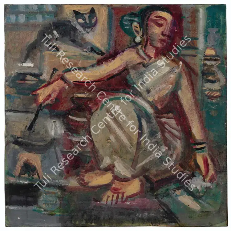 Mukherjee, B.B. (Artist). Frying Fish. Oil on silk laid on board, c.1953 | Painting | FineArts | 00546187