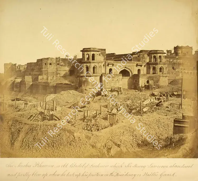 Beato, Felice (Photographer), The Muchee Bhawun or old citadel of Lucknow which Sir Henry Lawrence abandoned and partly blew up, when he took up his position in the Residency or Baillie Guard, Lucknow, March-April 1858 | Antiquarian Photograph | Photography | 00116276