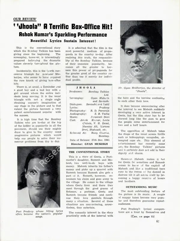 "Jhoola" A Terrific Box- Office Hit! - Ashok Kumar's Sparkling Performance. In <i>Filmindia.</i> 8(2), pp. 67, 73. Bombay: Baburao Patel, Feburary 1942 | Film Review | CinemaEducation | 00858711