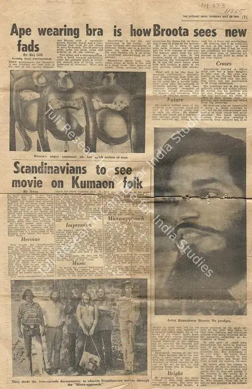 Gill, Raj (Writer). Ape Wearing Bra is How Broota Sees Bew Fads - Scandinavians to See Movie On Kuman Folk. The Evening News, 20 May 1971 | Newspaper clipping | FineArts | 00635223