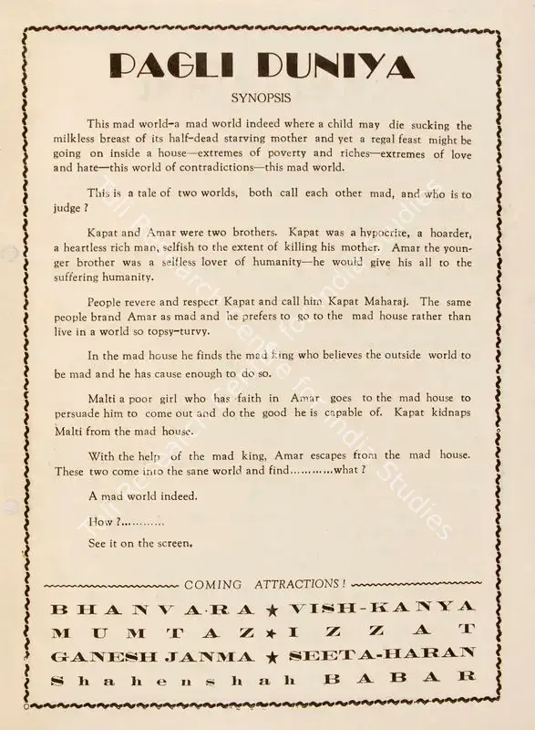 Irani, Aspi (Director), Pagli Duniya, 1944 | Song-Synopsis Booklet | CinemaEducation | 00779601