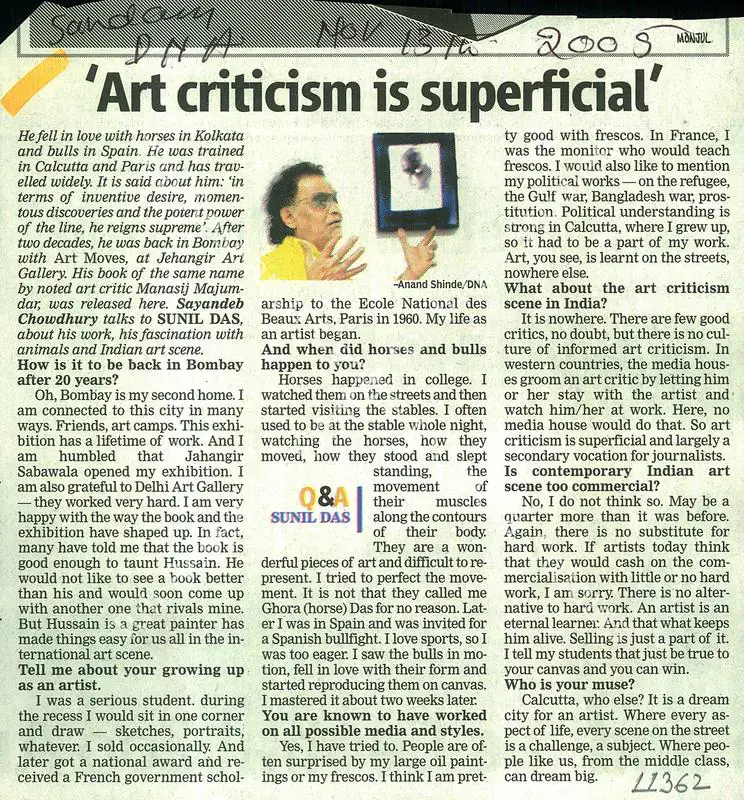 Shinde, Anand (Reporter). Art Criticism is Superficial. DNA, 13 November 2005 | Newspaper clipping | FineArts | 00635272