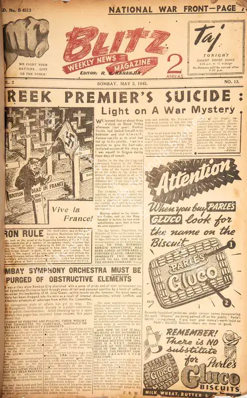 Karanjia, R.K. (Editor). Blitz - Weekly News Magazine. Bombay: R.K. Karanjia, 02 May 1942 | Magazine | CinemaEducation | 00796725