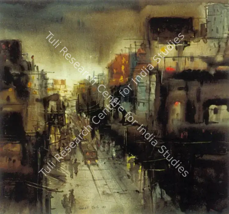 Maity, Paresh (Artist). Calcutta Street Scene. Watercolour and bodycolour on paper, 1989 | Painting | FineArts | 00374097