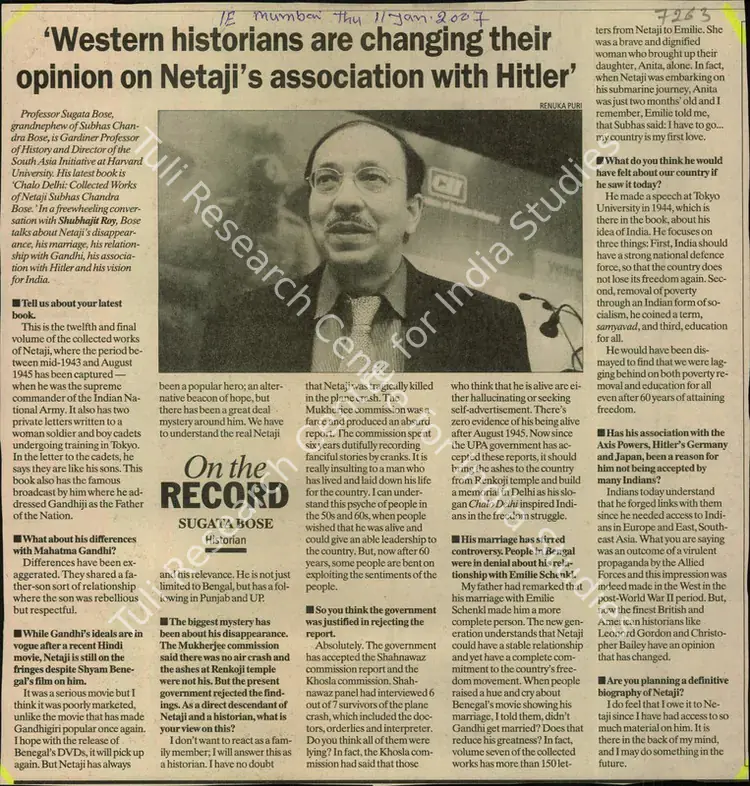 Western Historians are Changing their Opinion on Netaji's Association with Hitler. Mumbai: The Indian Express, 11 January 2007 | Newspaper Clipping | SeekJustice | 00849767