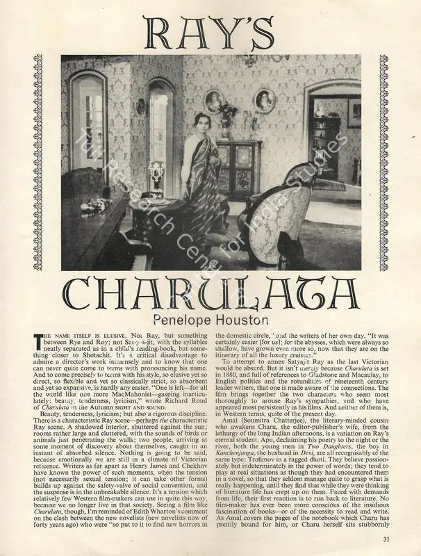 Houston, Penelope (Essayist). Ray's Charulata. 35(1), pp. 31-33. London: Sight & Sound, Winter 1966 | Essay | CinemaEducation | 00731619