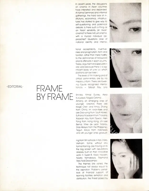Vasudev, Aruna (Essayist). Frame by Frame. In <i>Cinemaya - The Asian Film Magazine - New Voices.</i> 1(Autumn), pp. 2-3. New Delhi: Aruna Vasudev, October-December 1988 | Essay | CinemaEducation | 00624673