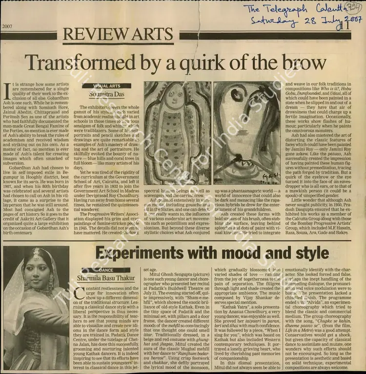 Das, Soumitra (Reporter). Transformed by a Quirk of the Brow. Calcutta: The Telegraph, 28 July 2007 | Newspaper Clipping | FineArts | 00849877