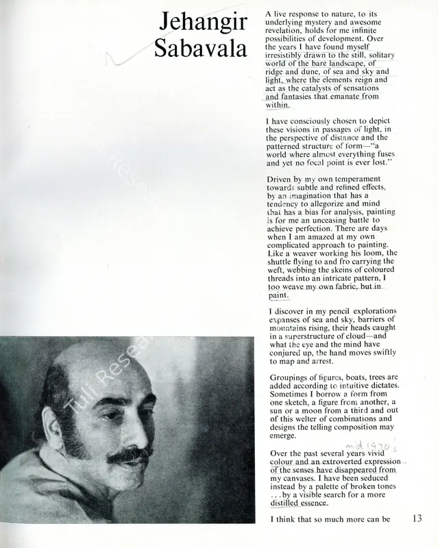 Sabavala, Jehangir (Essayist). Jehangir Sabavala. In <i>Art Heritage - Catalogue 1979-80.</i> Season 3, pp. 13-14. New Delhi: Art Heritage, 1980 | Essay | FineArts | 00851658