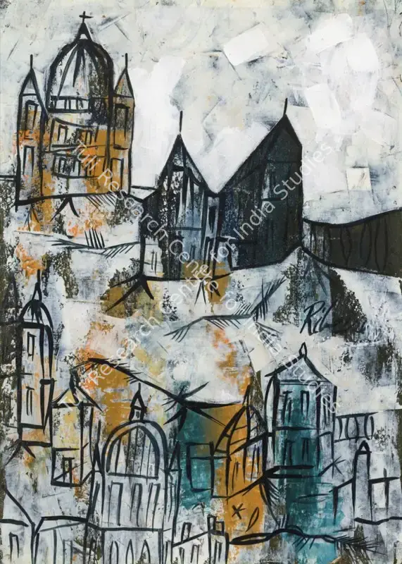 Ribeiro, Lance (Artist). Untitled (Landscape with Dome). Oil on paper pasted on board, 1961 | Painting | EconomicsArt | 00870614