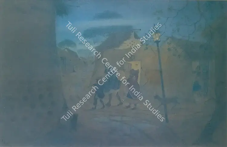 Arya, Badri Nath (Artist). Winter Night. Watercolour and wash on paper, 1968 | Painting | FineArts | 00375522