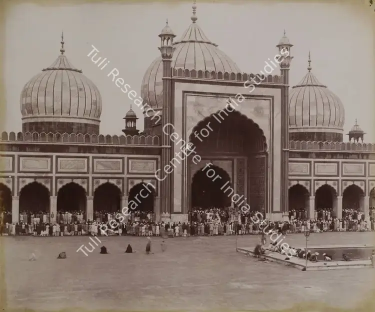Bourne, Samuel (Photographer). The Jumma Musjid with men at prayer, Delhi - From the album 'India Ceylon and Egypt 1901-1902'. Albumen Print pasted on mount, c.1865-1866 | Antiquarian Photograph | Photography | 00115464