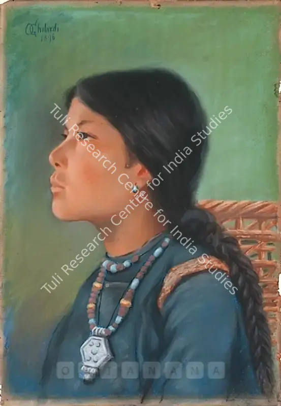 Ghilardi, Olinto (Artist). Portrait Of A Tibetan / North - Eastern Indian Girl. Dry pastel on paper, 1896 | Drawing | FineArts | 00757181