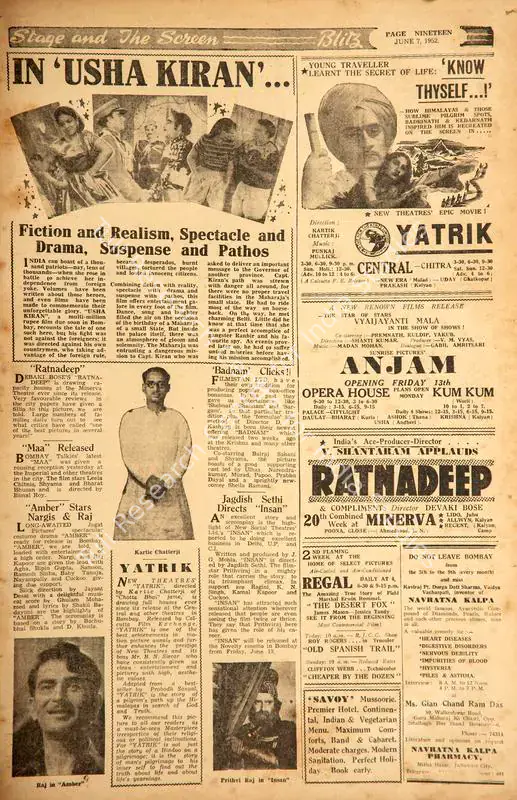 Jagdish Sethi Directs "Insan". In <i>Blitz - Asia's Foremost News Magazine.</i> p. 19. Bombay: R.K. Karanjia, 07 June 1952 | Film Review | CinemaEducation | 00144136