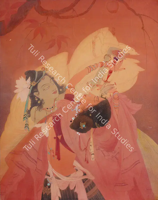Chughtai, M.A.R. (Artist). Radha And Krishna Playing Holi. Watercolour and wash heightened with gold on paper, 1936 | Painting | FineArts | 00561009