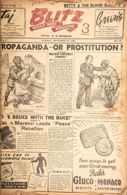 Karanjia, R.K. (Editor). Blitz - Weekly News Magazine. Bombay: R.K. Karanjia, 28 November 1942 | Magazine | CinemaEducation | 00796755