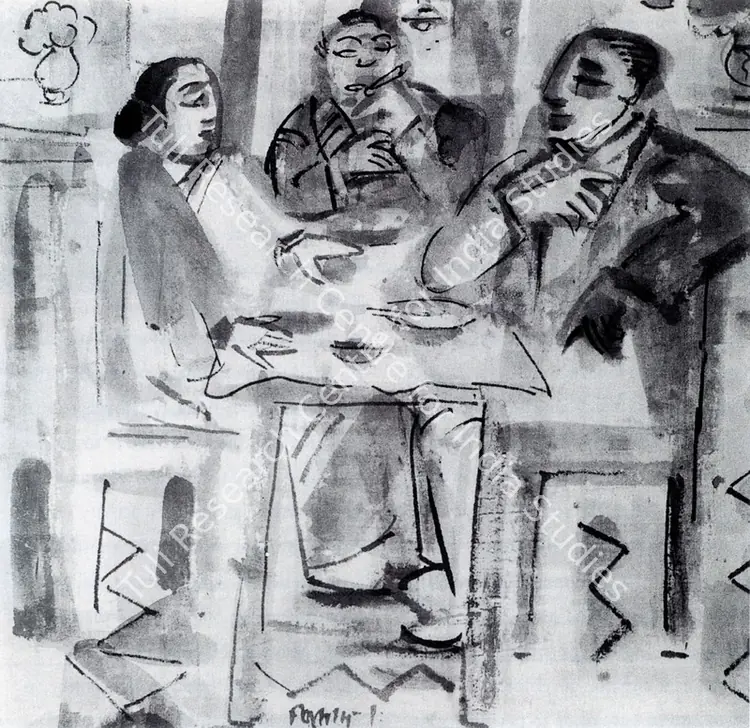 Mukherjee, B.B. (Artist). Restaurant. Tempera on Silk, Ealry 1950's | Marg, 1999 | Textile | FineArts | 00675205