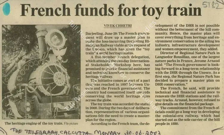 Chhetri, Vivek (Reporter). French Funds for toy Train. Calcutta: The Telegraph, 30 June 2003 | Newspaper Clipping | ArcHeritage | 00850146