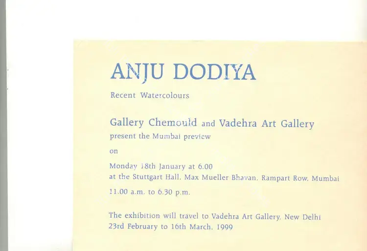 Dodiya, Anju (Artist). Anju Dodiya - Recent Watercolours. Bombay: Gallery Chemould, 1999 | Solo Exhibition Invitation | FineArts | 00859070