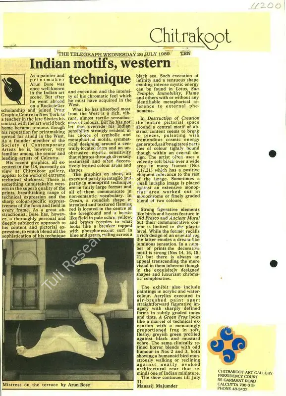 Majumder, Manasij (Writer). Indian Motifs, Western Technique. The Telegraph, 26 July 1989 | Newspaper clipping | FineArts | 00635232