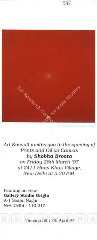 Broota, Shobha (Artist). Shobha Broota - Prints & Oil on Canvas by Shobha Broota. New Delhi: Art Konsult, 1997 | Solo Exhibition Invitation | FineArts | 00858945