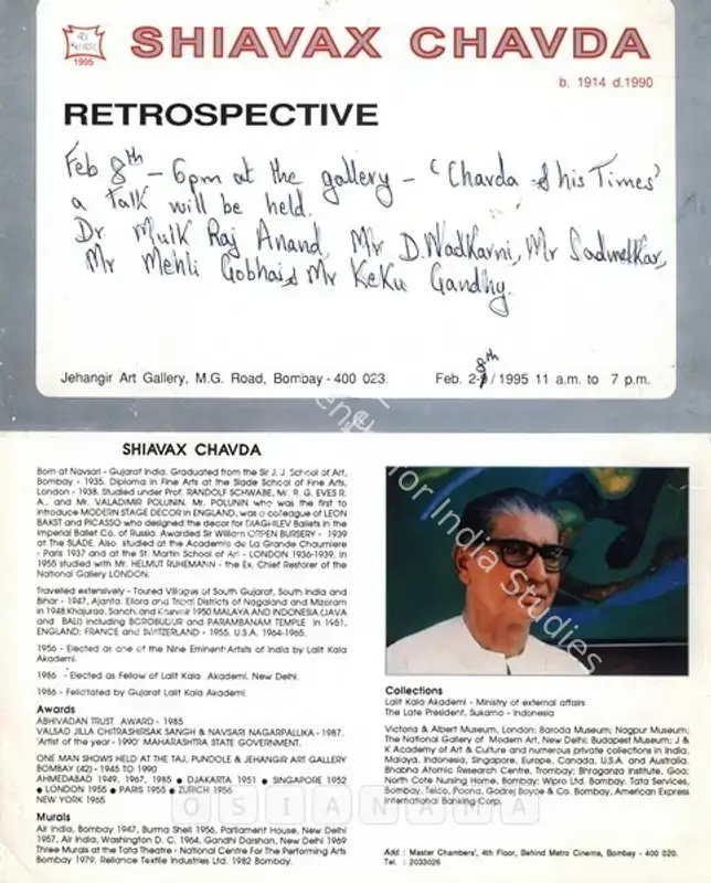Chavda, Shiavax (Artist). Shiavax Chavda Retrospective. Bombay: Jehangir Art Gallery, 1995 | Solo Exhibition Invitation | FineArts | 00858979