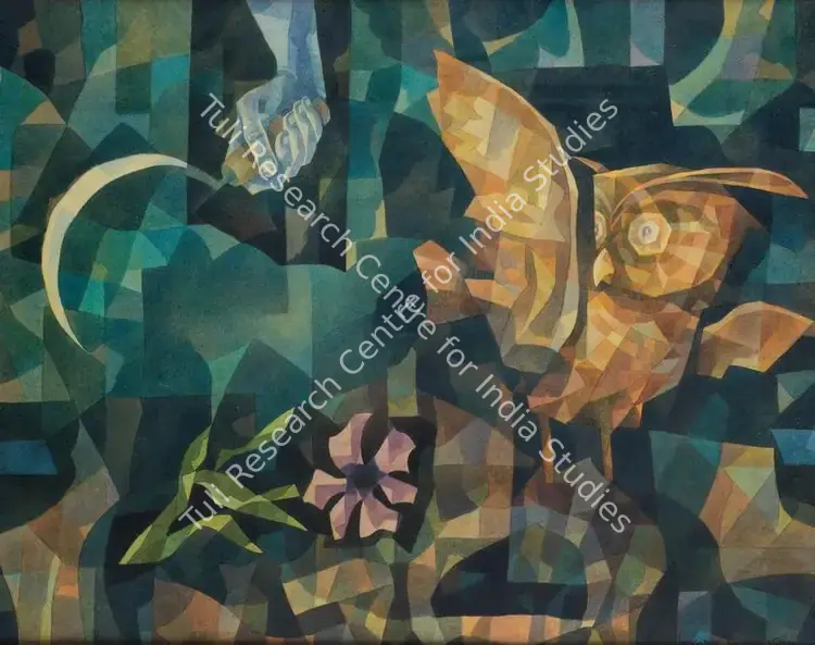 Ghosh, Shili (Artist). Untitled (The Owl and the Sickle). Watercolour and pencil on paper, 1992 | Painting | FineArts | 00547692